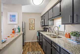 Upgraded kitchen with dark cabinetry, granite counters, and stainless appliances