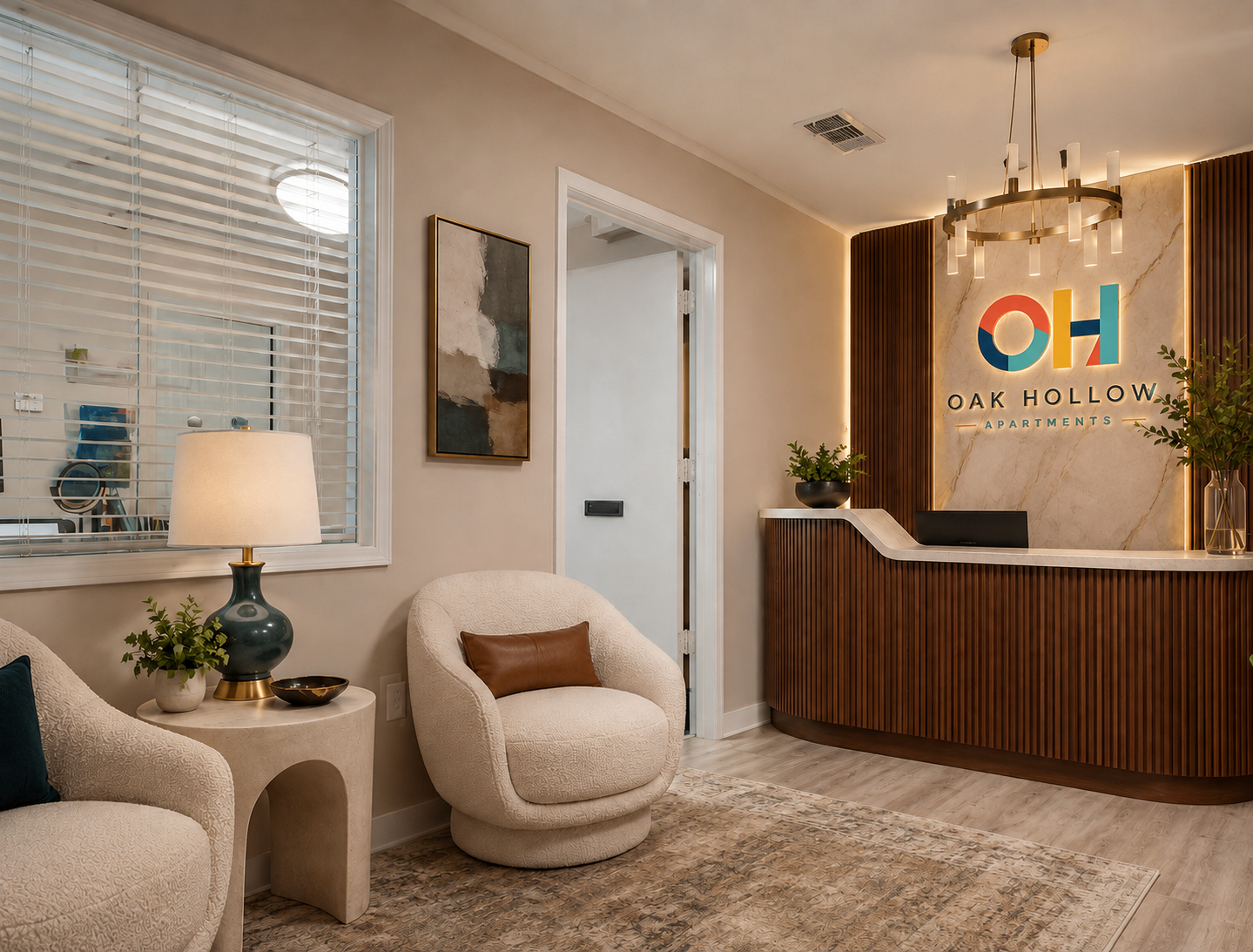 Rendering of the Oak Hollow Apartments leasing office reception area