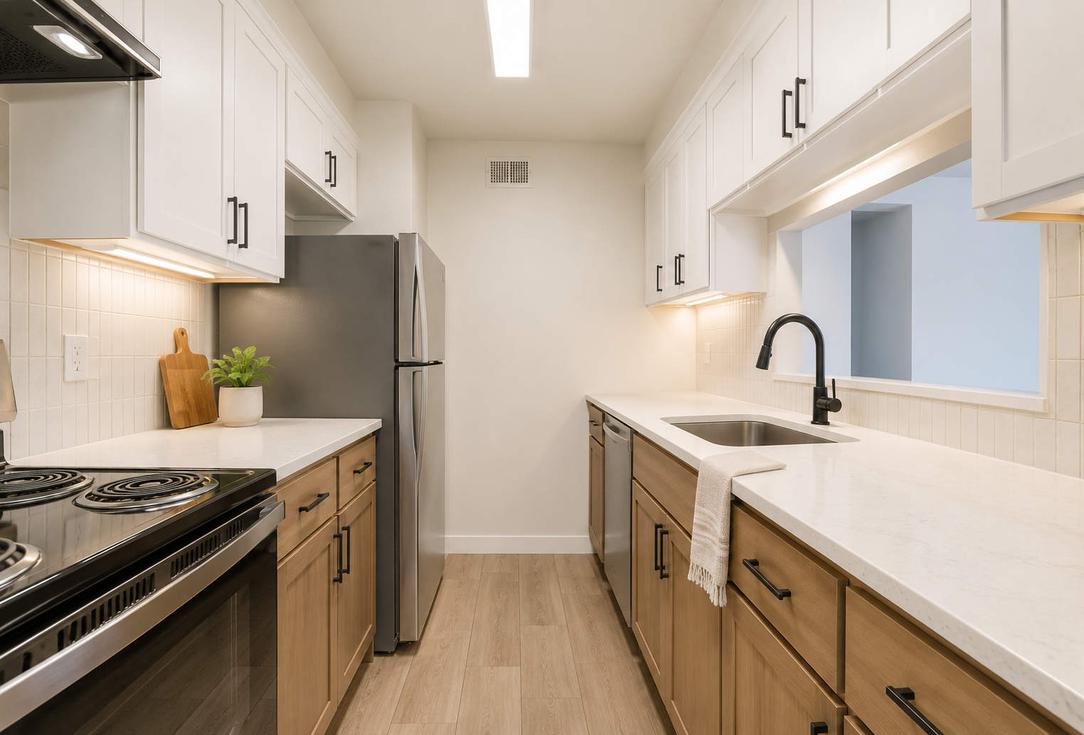 Rendering of a renovated kitchen at Oak Hollow — white upper cabinets, wood lower cabinets, stainless appliances, and a pass-through window
