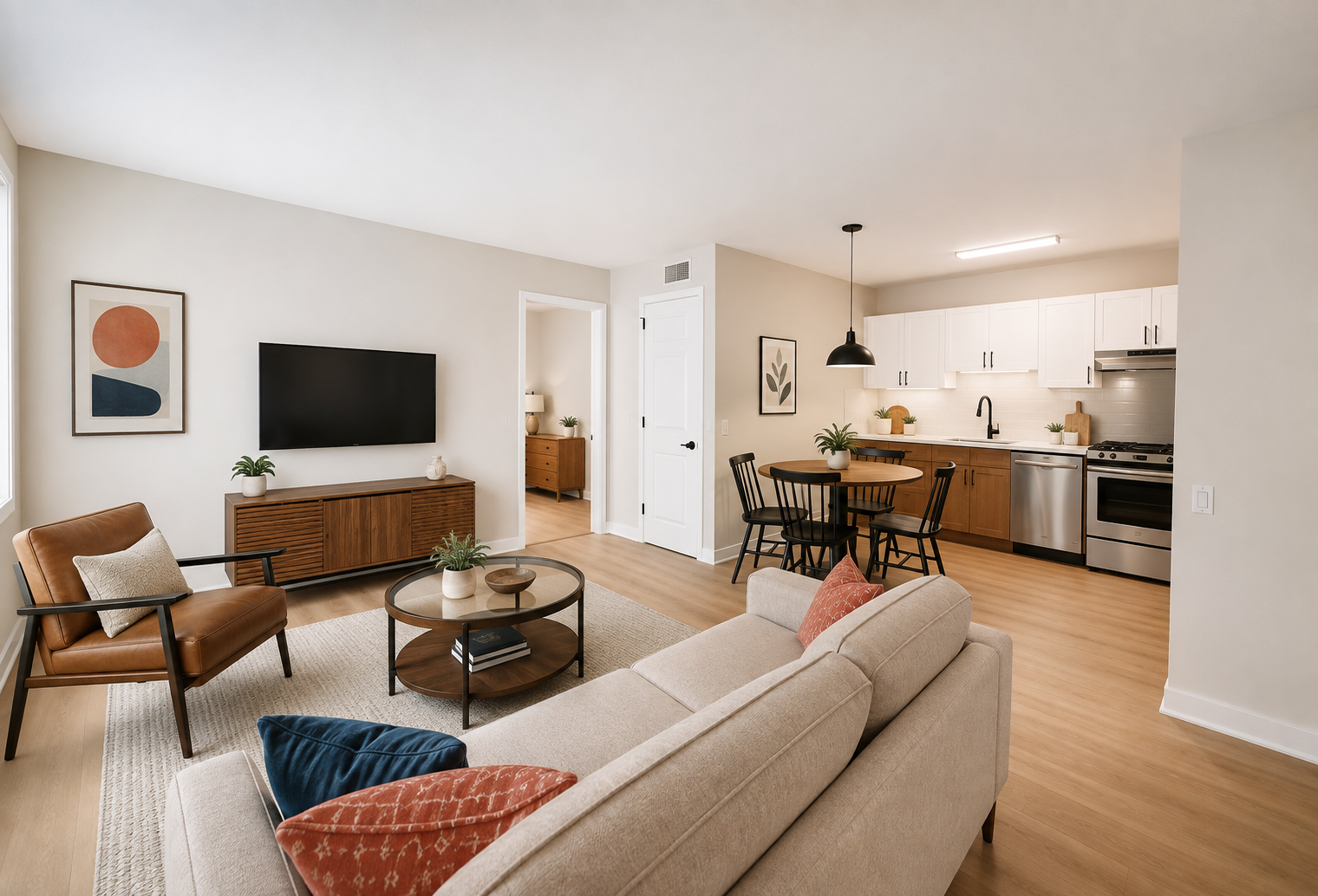 Rendering of a renovated one-bedroom apartment living area at Oak Hollow — sofa, dining nook, and white kitchen with stainless appliances
